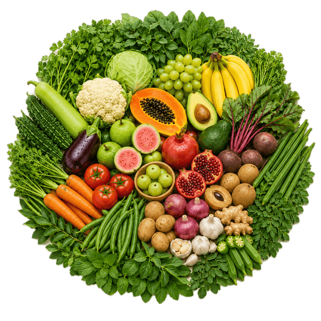 Fresh vegetables, fruits and leafy greens